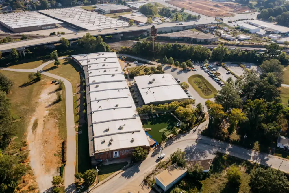 Aerial view of a commercial building roof