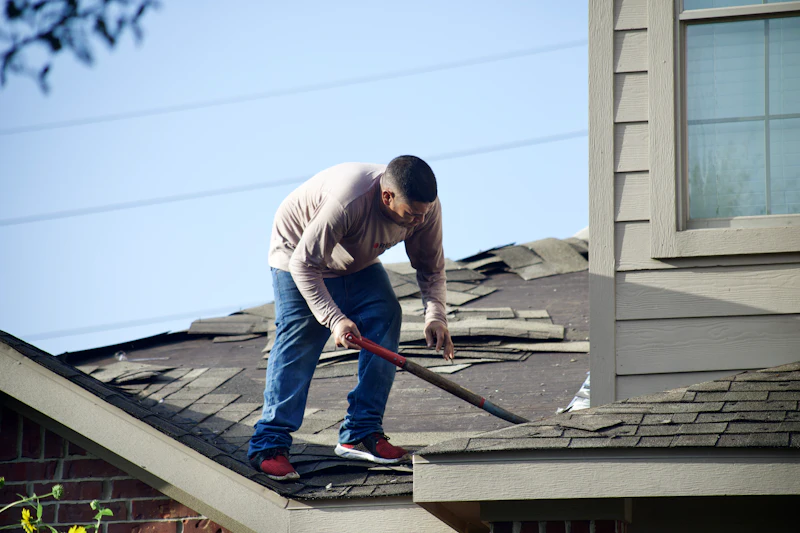 Old shingles being removed during a roof replacement