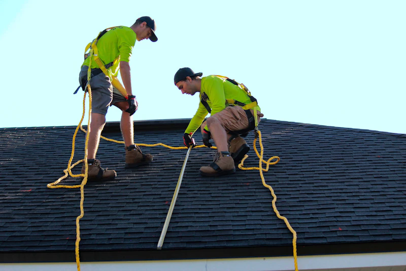 Roofing crew working together on a home